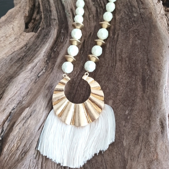Mudpie Cream Beaded Tassel Statement Necklace with Gold-Tone Accents - Picture 2 of 4
